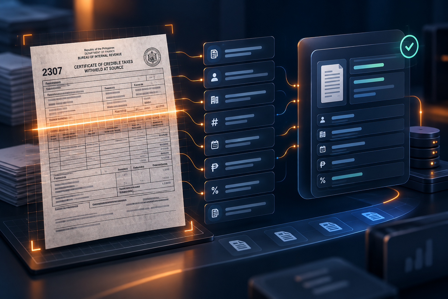 AI OCR workflow extracting structured data from a Philippine BIR 2307 certificate